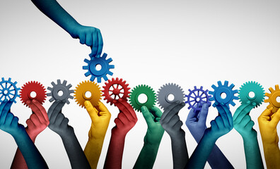Business Guidance Support and Team training concept connecting unity or teamwork idea as a success metaphor for joining a team as diverse people connected together as a work symbol. © freshidea