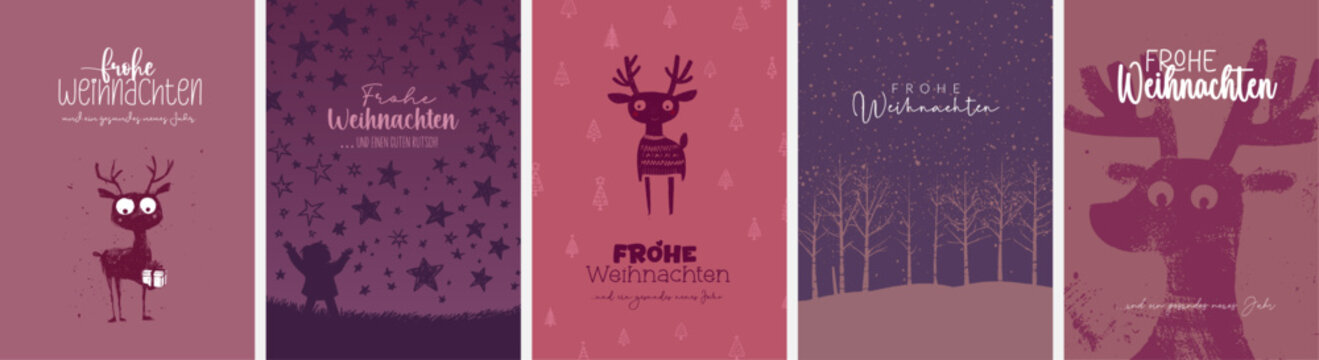 5 moderne und niedliche Weihnachtskarten Motive (Din Format) "Frohes Fest", "Frohe Weihnachten", "Merry Christmas". Sch&ouml;ne Typo, Font & Symbol komplett als Pfade