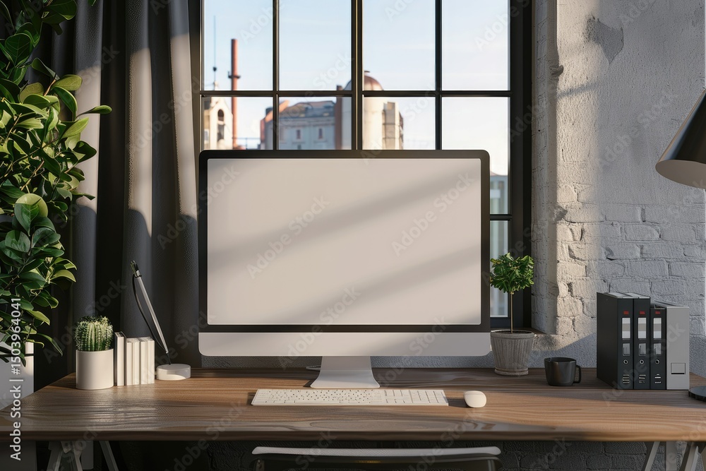 Poster sharp image of office desk with computer mock up