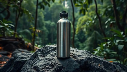 Aluminum water bottle rests on jungle rock, lush forest background, adventure, leaves