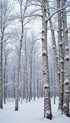 Snow-covered birch trees in a foggy winter forest landscape  