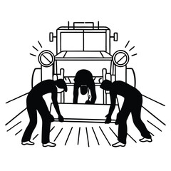 Fototapeta premium Black and white vector illustration of automobile repair workers and the vehicle