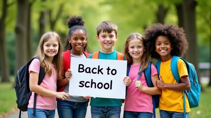 A group of cheerful children stand together and hold a sign that says "Back to School". Children before the start of the school year, new school year