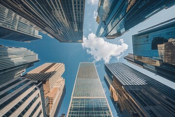 Stunning Low-Angle Perspective of Skyscrapers in Lively Downtown Business Area