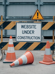 Website under construction sign with striped warning barrier and traffic cones on white background illustration