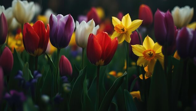 Vibrant tulips and daffodils bloom in a lush garden, showcasing a variety of colors and textures in a shallow depth of field