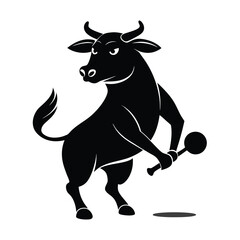 A black silhouette bull holding a maraca isolated on a white background for design