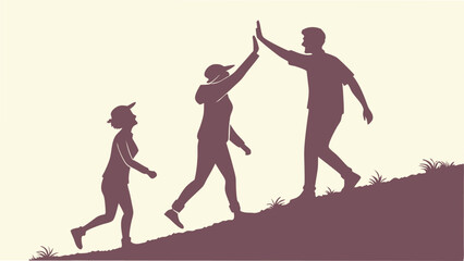 Hiking team celebrating success with high five at mountain peak silhouette