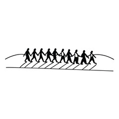 Stylized people holding hands walking together line art black and white