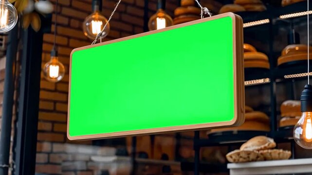 Bakery shop sign live mockup, surrounded by warm lighting and fresh bread display, animation, transparent 4K video, green screen