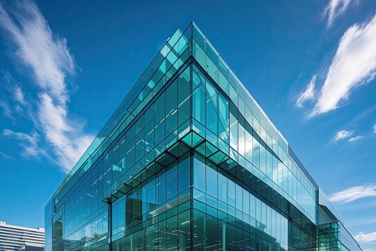 Cutting-Edge Urban Office Design Featuring Multi-Layered Glass Against Vibrant Blue Sky