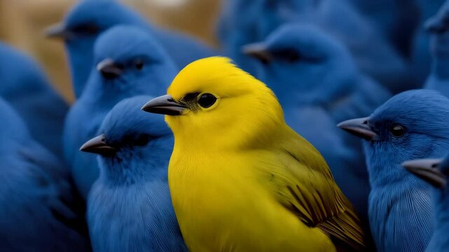 Yellow bird among many blue birds, standing out from the crowd in a close-up focused shot. Bird cluster shows differences in a group.