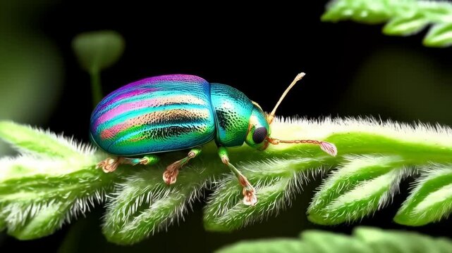 Close-up of a vibrant metallic shield bug on green fuzzy plant, iridescent colors, macro insect photography, detail of compound eye and legs.