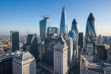 Stunning London Financial District Skyscrapers Against Clear Blue Sky in Urban View