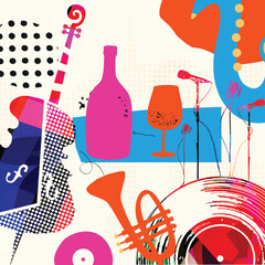 Colorful Abstract Music Instruments Background, Modern Jazz Art Style Vector