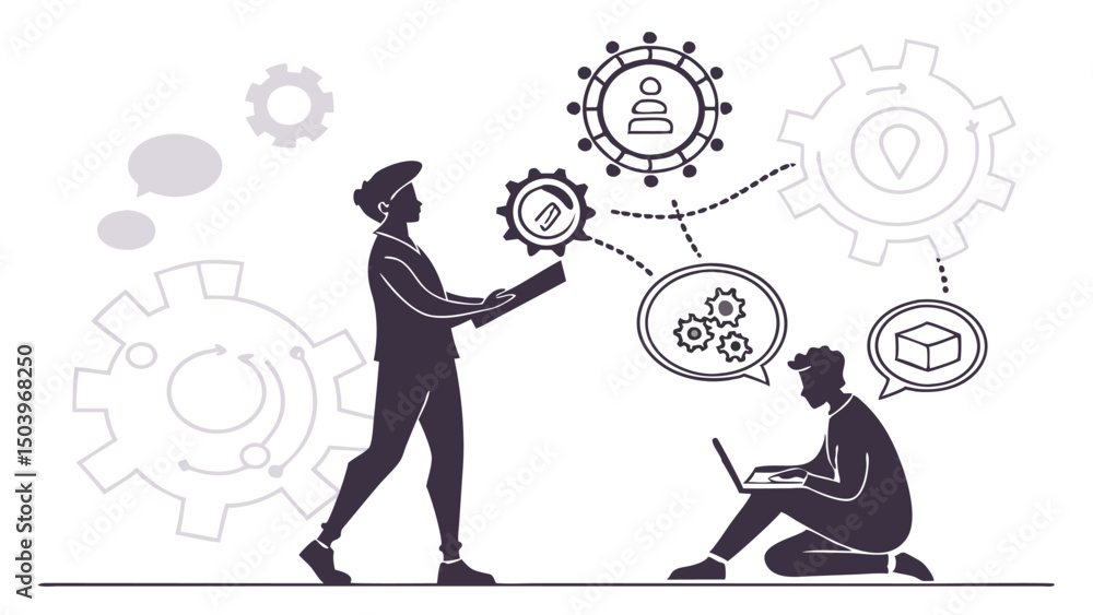 Poster business collaboration workflow with teamwork and gears for project management