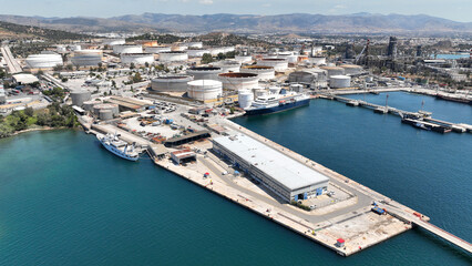 Aerial drone photo of Elefsina shipyard and refinery in West Attica, Greece