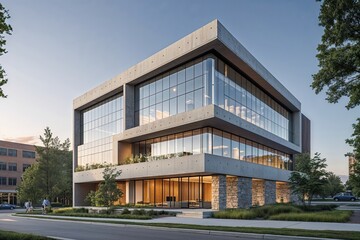Obraz premium Contemporary Urban Corporate Building Design Integrating Concrete Stone and Glass Elements