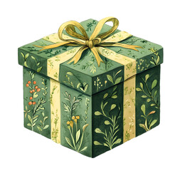 Botanical Gift Box with Ribbon Isolated on White Background, Cut Out PNG for Holiday and Celebration Themes