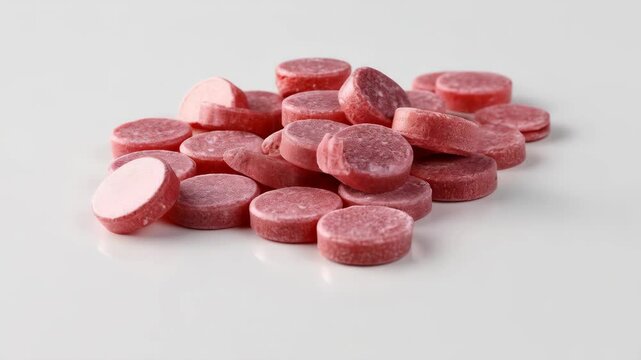 Pile of red circular throat lozenges for sore throat relief, cough suppressant, against white background