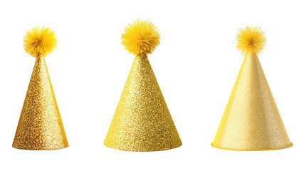 Golden Party Hats Set Isolated on White Background, Cut Out PNG for Birthday and Celebration Themes