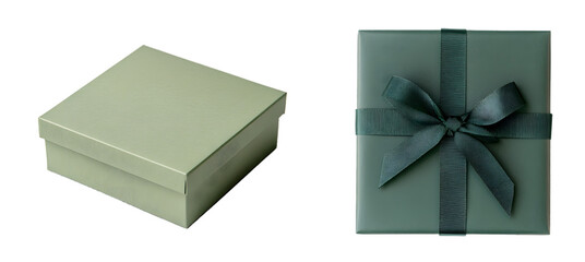 Green Gift Box with Lid and Ribbon Isolated on White Background, Cut Out PNG for Packaging Design