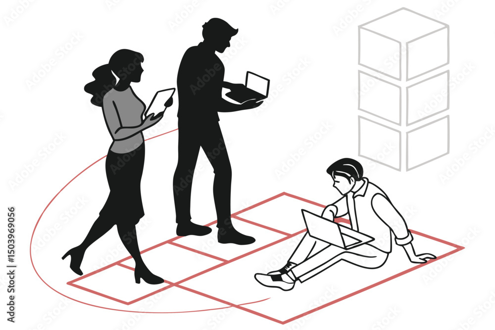 Poster creative business team working with digital devices on abstract grid floor