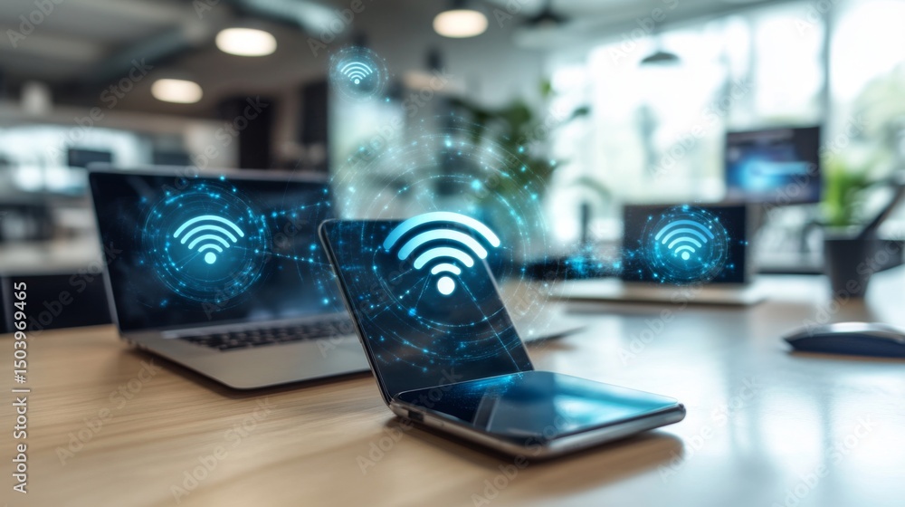 Poster a close-up of a smartphone with visible wireless signals emanating from it, placed on a modern desk 