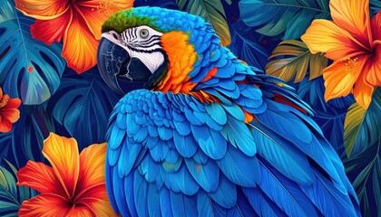 Fototapeta premium A colorful macaw parrot sits amongst bright hibiscus flowers and foliage.