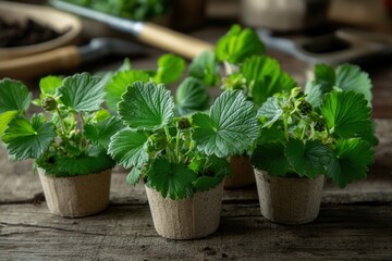 Fototapeta premium Lush green strawberry plants growing in eco-friendly pots