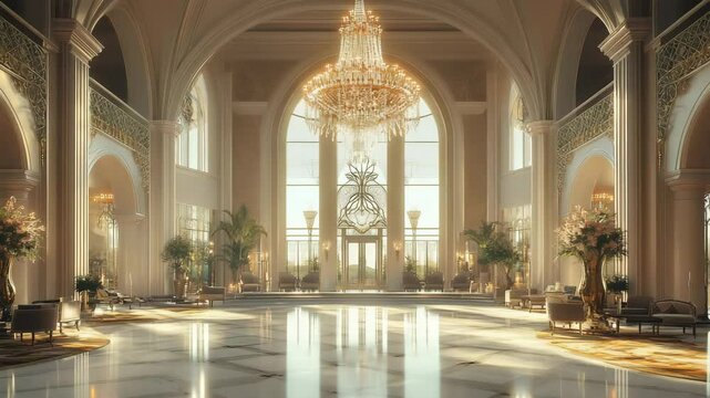 A large, ornate ballroom with a chandelier hanging from the ceiling. The room is filled with potted plants and has a very elegant and luxurious feel
