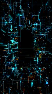 High-tech digital tunnel with glowing blue and orange neon circuit lines on a black vertical layout. Ideas for futuristic, sci-fi, and cyber technology themes. Background loop motion 4k