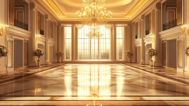 A large, empty ballroom with a chandelier hanging from the ceiling. The room is filled with light and has a luxurious feel
