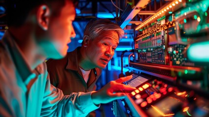 side profile shot of an industrial engineer and a supervisor engaged in a technical discussion over an ongoing motherboard assembly process 