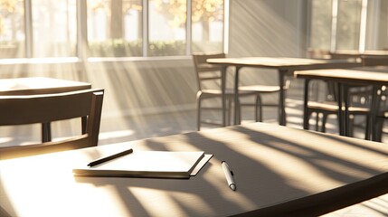 Sunlight streams into a classroom, illuminating empty desks.
