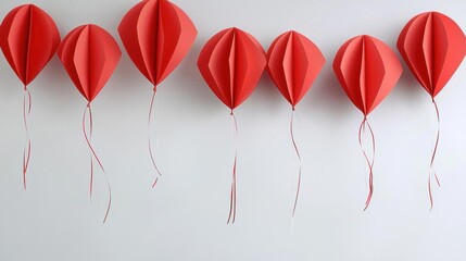 Group of six red paper lanterns hanging from strings. the lanterns are arranged in a row and are of different sizes and shapes.