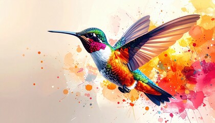 A colorful hummingbird with wings spread flies through watercolor splashes.