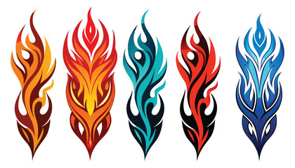 Five stylized flame designs showcasing various color palettes, from earthy brown and vibrant red to cool teal and deep blue hues, perfect for graphic design elements, tattoo inspiration, and symbolic 