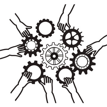 Teamwork concept illustration with hands holding gears in unity