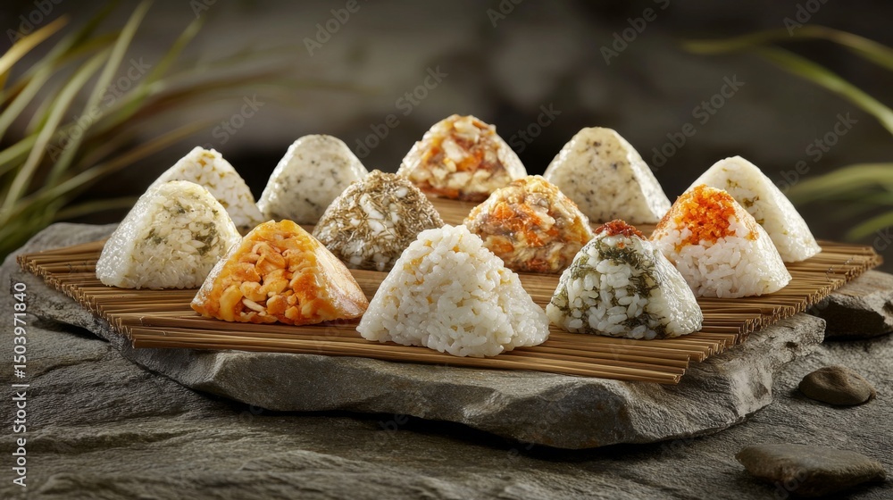 Poster A delightful selection of onigiri rice balls with different fillings, beautifully arranged on a bamboo mat, showcasing the colors and textures.