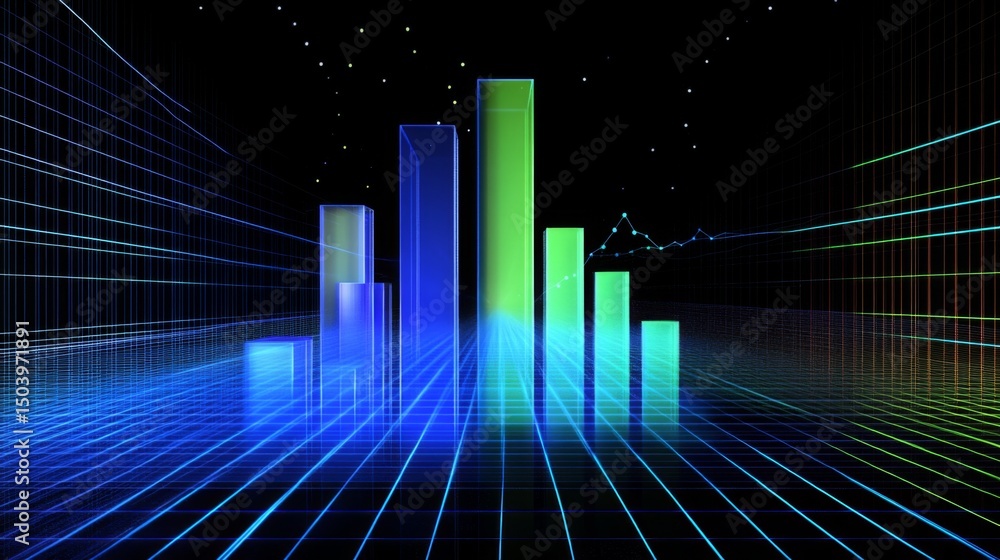 Poster a detailed d financial bar graph with rising bars in blue and green tones, set against a modern digi