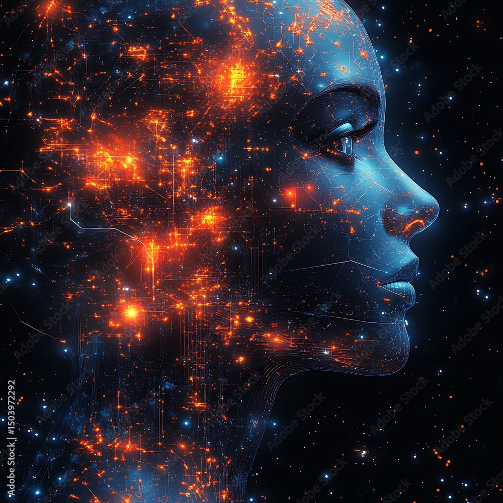 Aufkleber digital human profile with network connections and data visualized against a starry dark background
