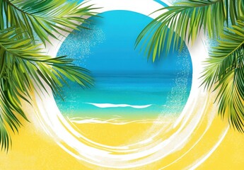 summer special sale banner with beach and palm leaves