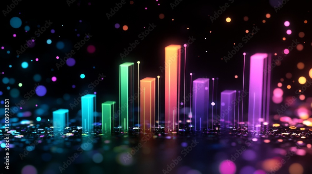 Poster A financial dashboard displaying a D bar graph with colorful rising bars, set against a dark background with subtle lighting effects.
