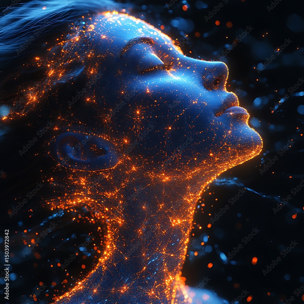 Aufkleber digital rendering of a serene woman's face with glowing particles in high resolution image