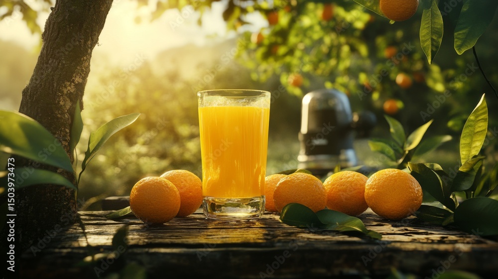 Poster a glass of freshly squeezed orange juice sitting on a rustic wooden table, with a few whole oranges 