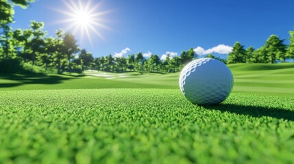 Fototapeta premium A lush green golf course with a close-up of a golf ball resting on a tee, with the sun shining in the background and a clear blue sky overhead.