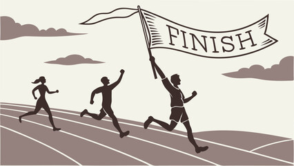 Runners approaching the finish line on a track with finish flag graphic