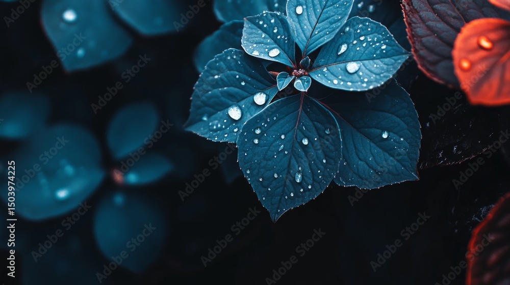 Poster A macro shot of a vibrant blue hydrangea with raindrops on its petals, creating a stunning visual effect that emphasizes the flowers texture and color.