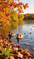Two ducks swimming in a serene pond surrounded by autumn foliage  